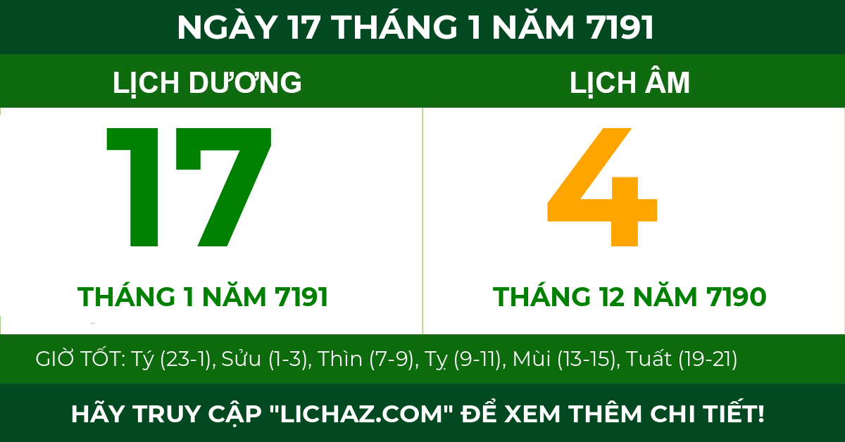 lịch âm ngày 17 tháng 1 năm 7191