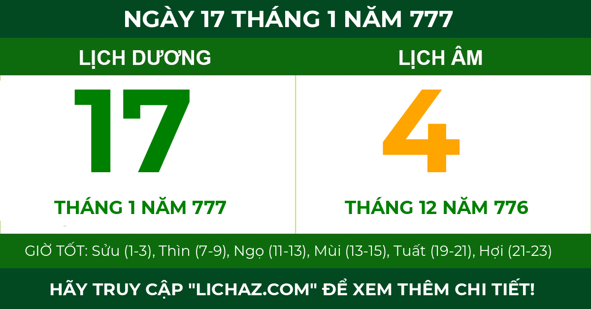 lịch âm ngày 17 tháng 1 năm 777
