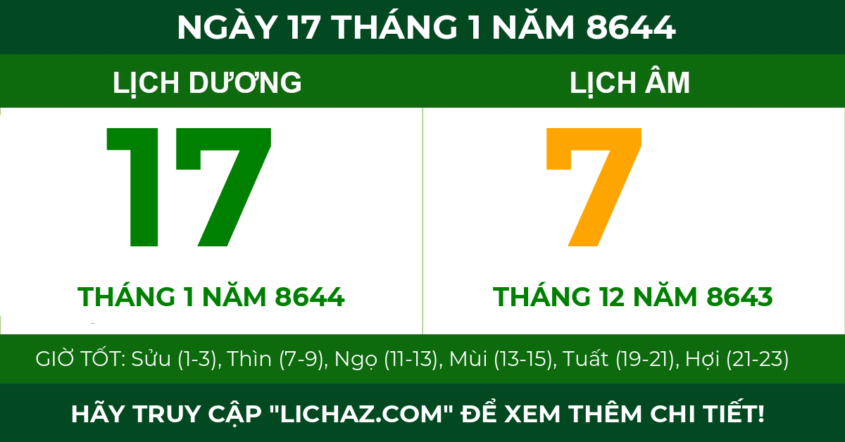lịch âm ngày 17 tháng 1 năm 8644