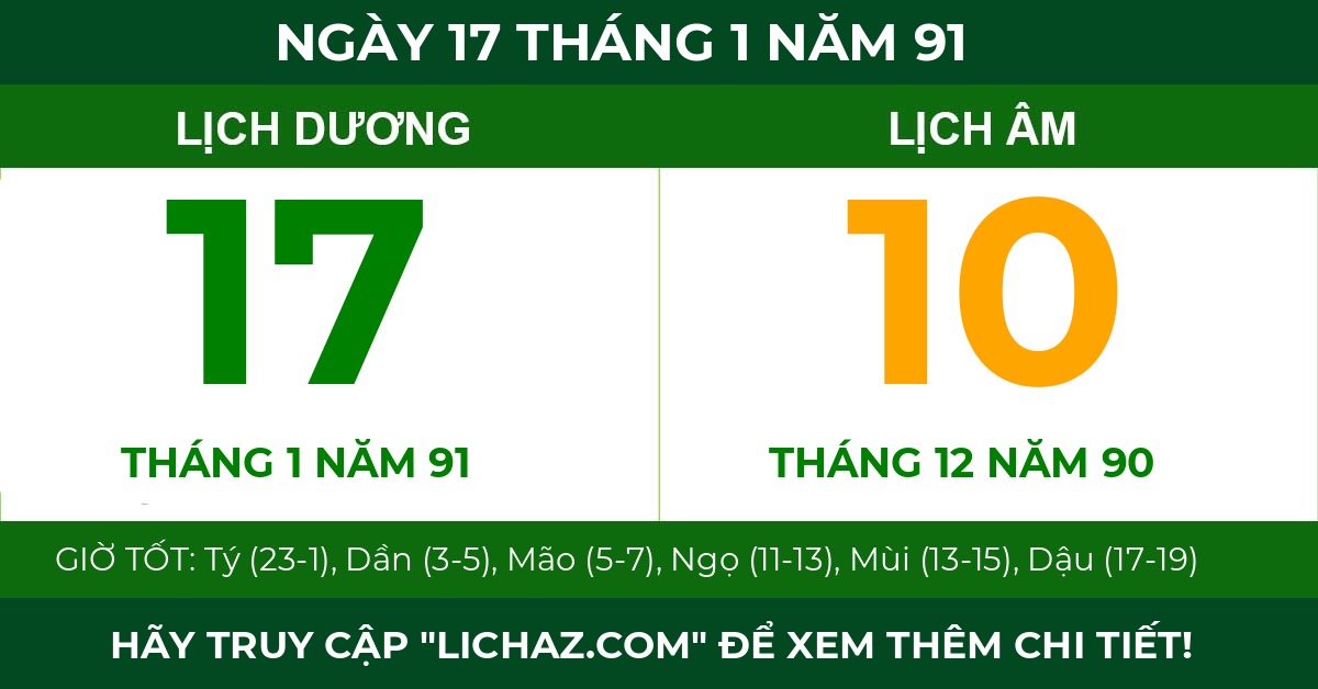 lịch âm ngày 17 tháng 1 năm 91