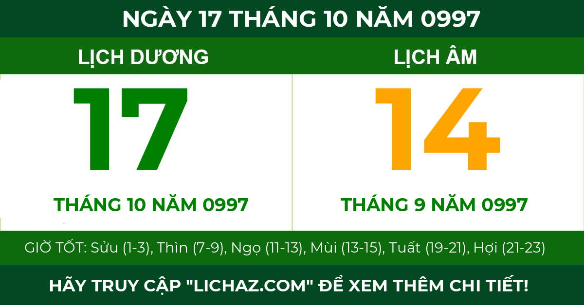 lịch âm ngày 17 tháng 10 năm 0997