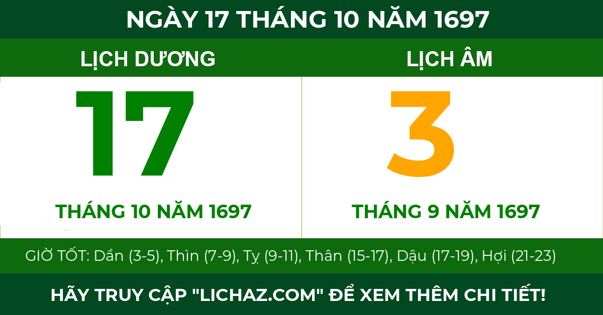 lịch âm ngày 17 tháng 10 năm 1697