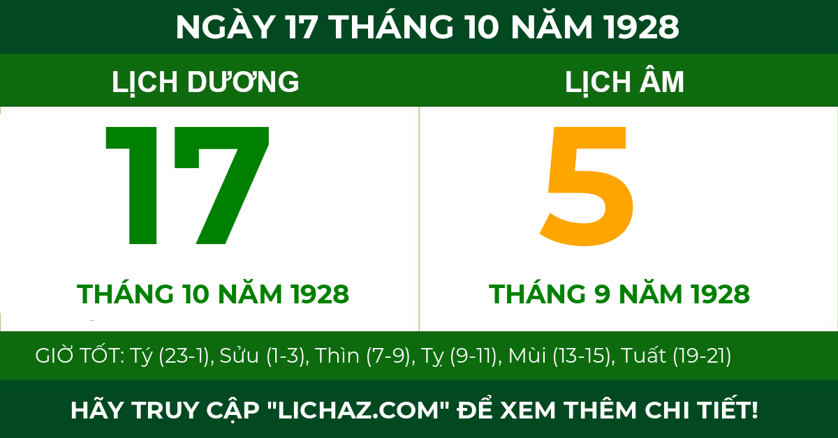 lịch âm ngày 17 tháng 10 năm 1928