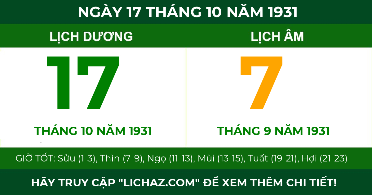 lịch âm ngày 17 tháng 10 năm 1931