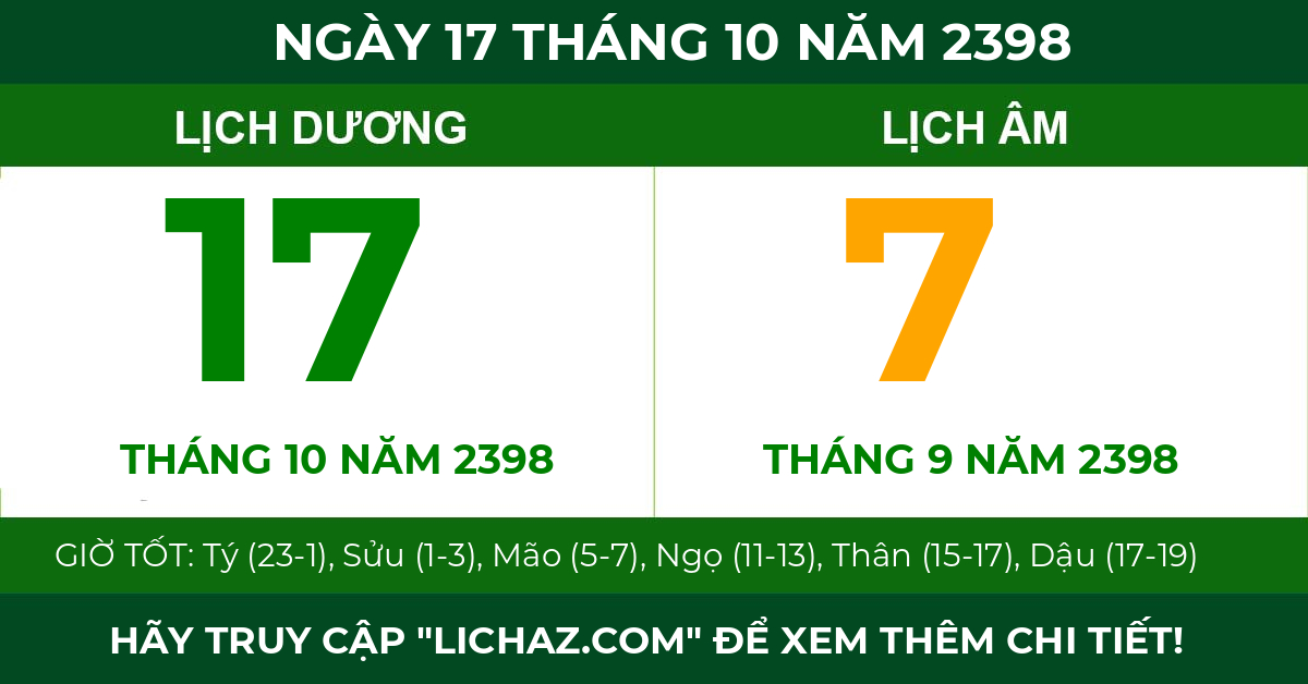 lịch âm ngày 17 tháng 10 năm 2398
