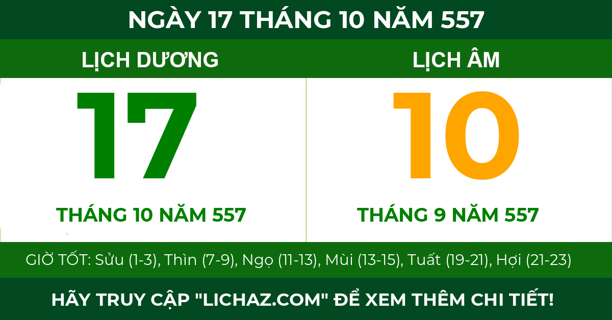 lịch âm ngày 17 tháng 10 năm 557