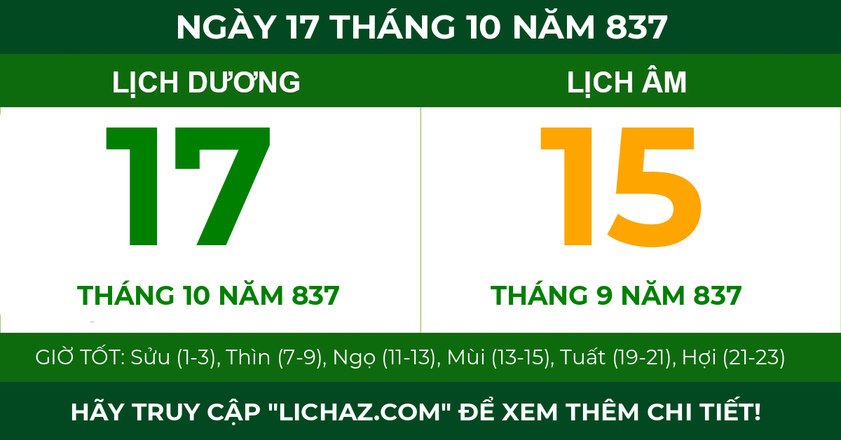 lịch âm ngày 17 tháng 10 năm 837