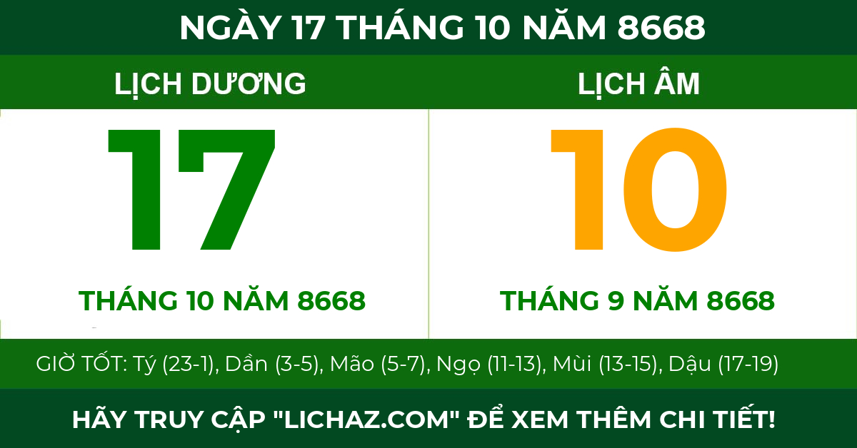 lịch âm ngày 17 tháng 10 năm 8668
