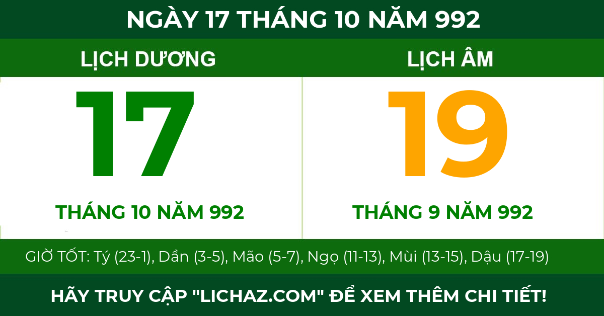 lịch âm ngày 17 tháng 10 năm 992