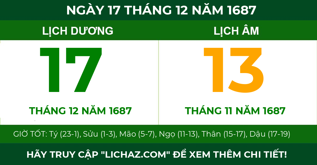 lịch âm ngày 17 tháng 12 năm 1687