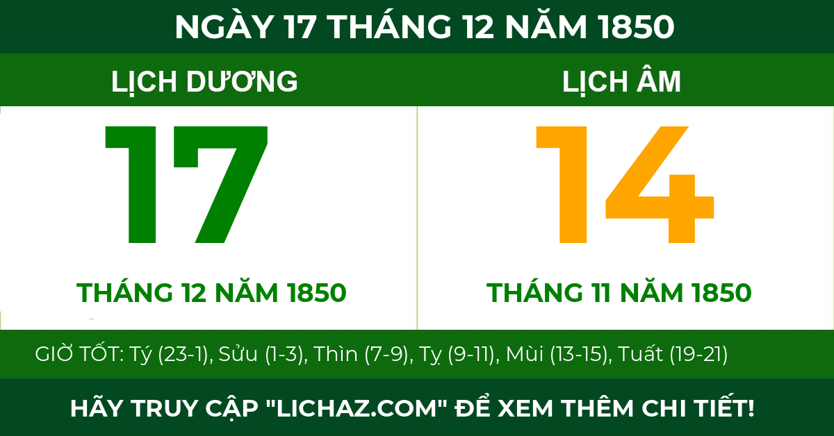 lịch âm ngày 17 tháng 12 năm 1850