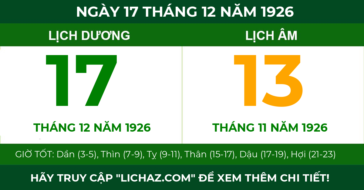 lịch âm ngày 17 tháng 12 năm 1926