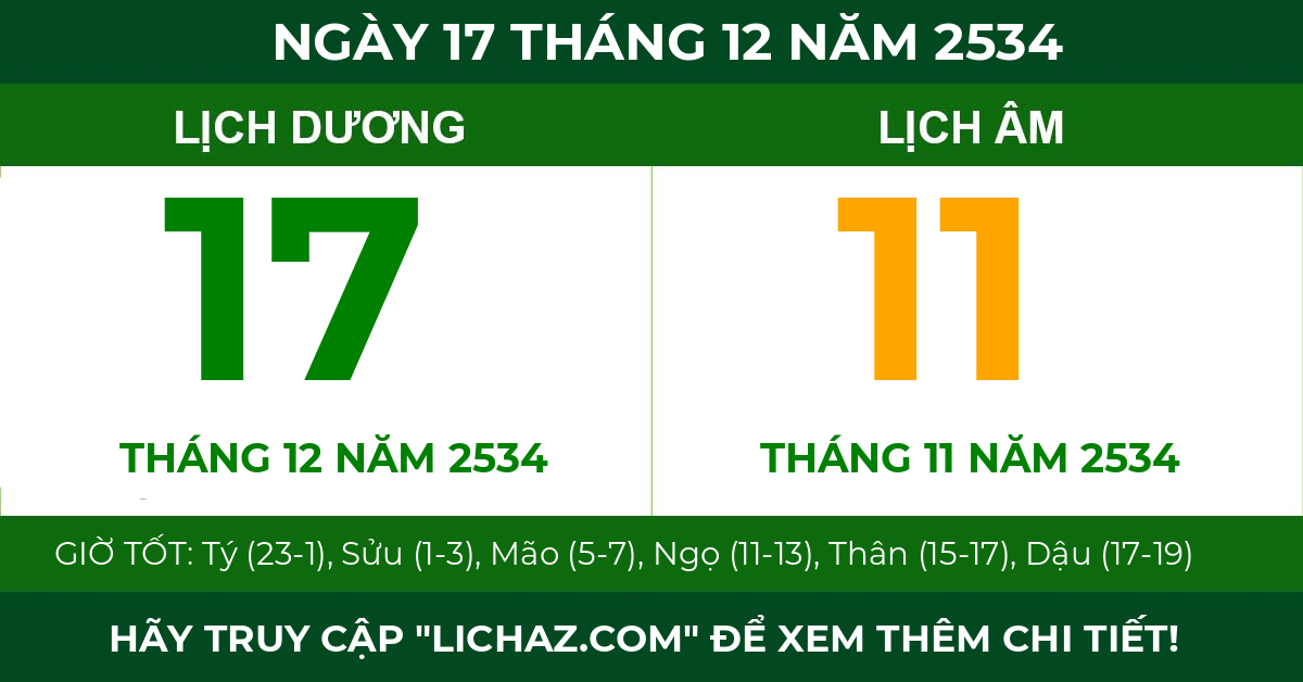 lịch âm ngày 17 tháng 12 năm 2534