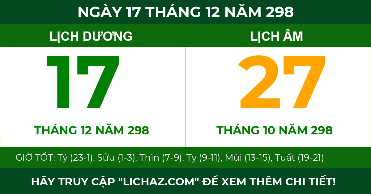 lịch âm ngày 17 tháng 12 năm 298