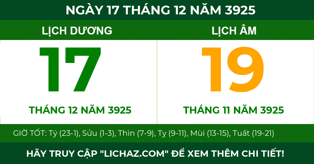lịch âm ngày 17 tháng 12 năm 3925
