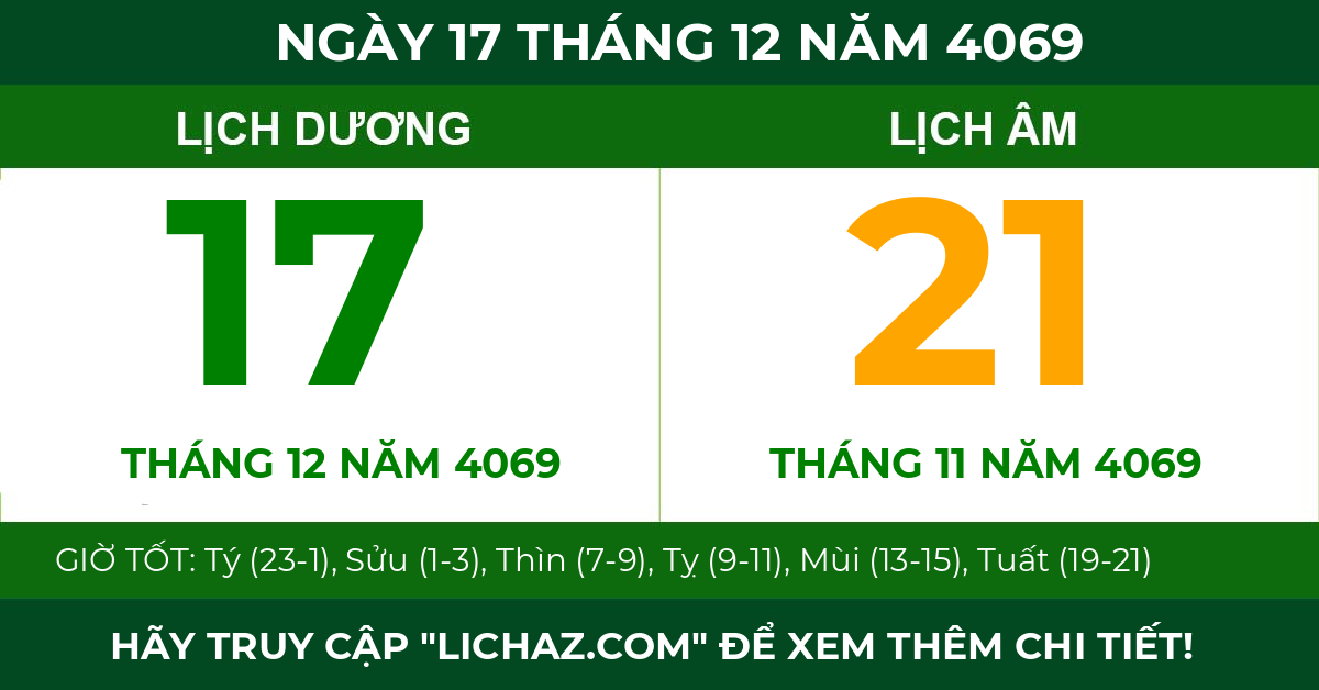 lịch âm ngày 17 tháng 12 năm 4069