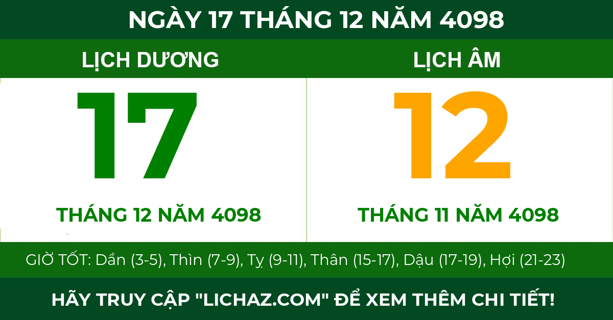 lịch âm ngày 17 tháng 12 năm 4098