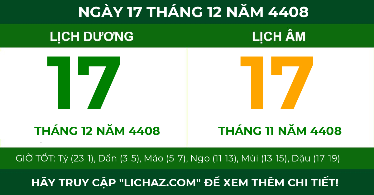 lịch âm ngày 17 tháng 12 năm 4408