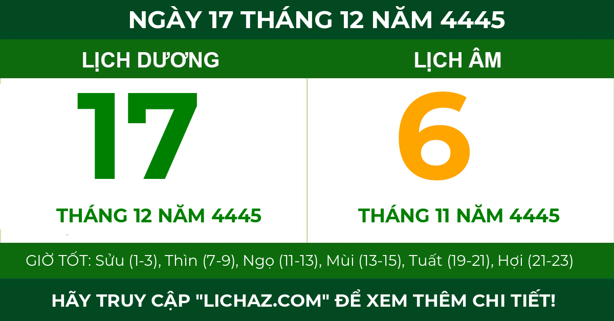 lịch âm ngày 17 tháng 12 năm 4445