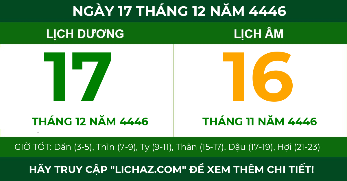 lịch âm ngày 17 tháng 12 năm 4446