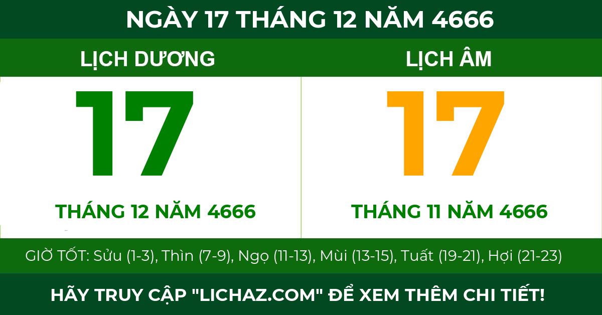 lịch âm ngày 17 tháng 12 năm 4666