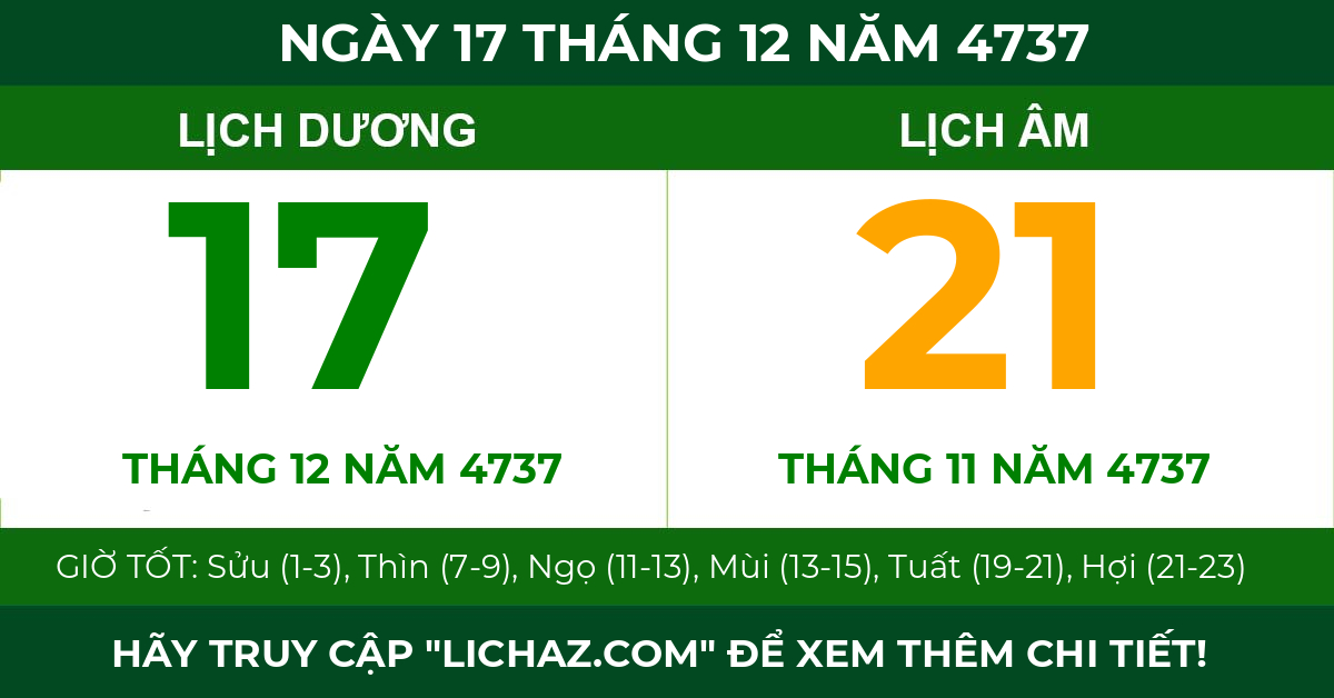 lịch âm ngày 17 tháng 12 năm 4737