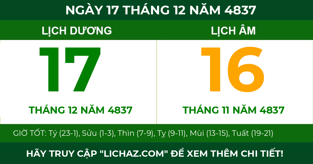 lịch âm ngày 17 tháng 12 năm 4837