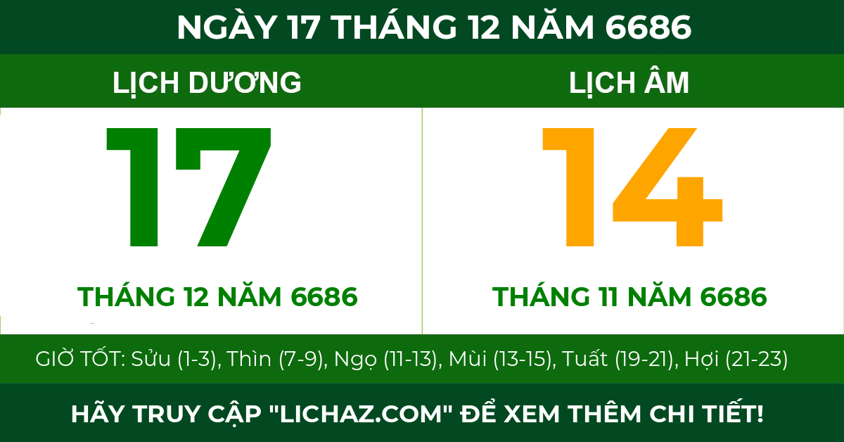 lịch âm ngày 17 tháng 12 năm 6686