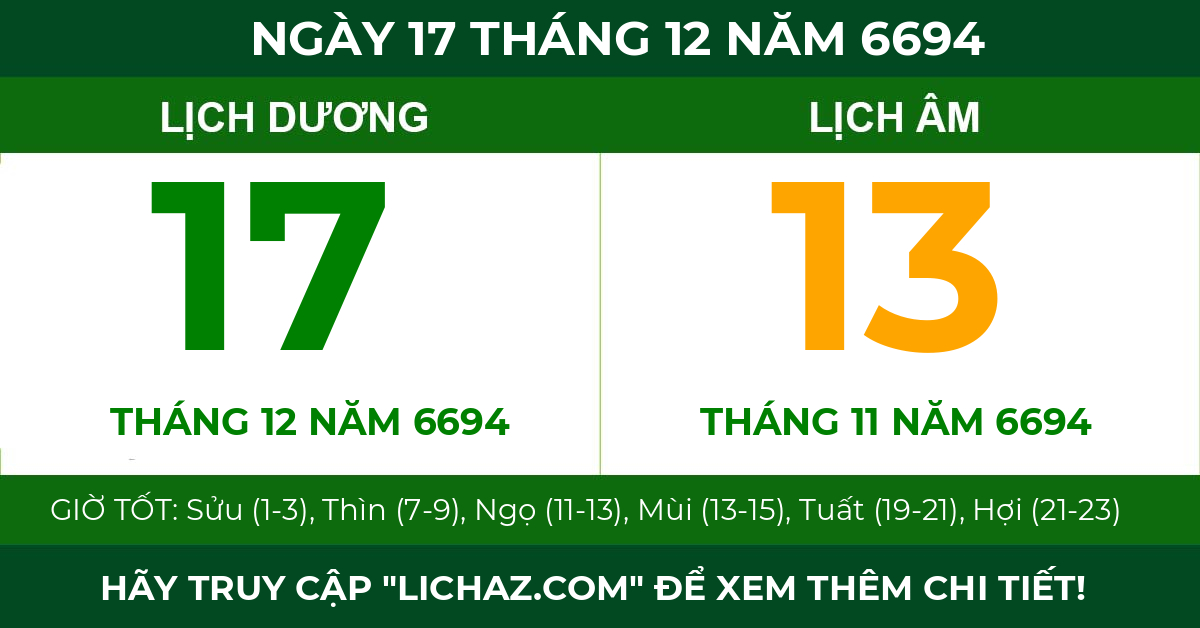 lịch âm ngày 17 tháng 12 năm 6694