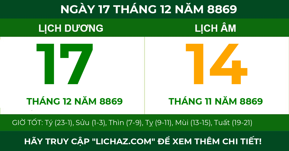 lịch âm ngày 17 tháng 12 năm 8869