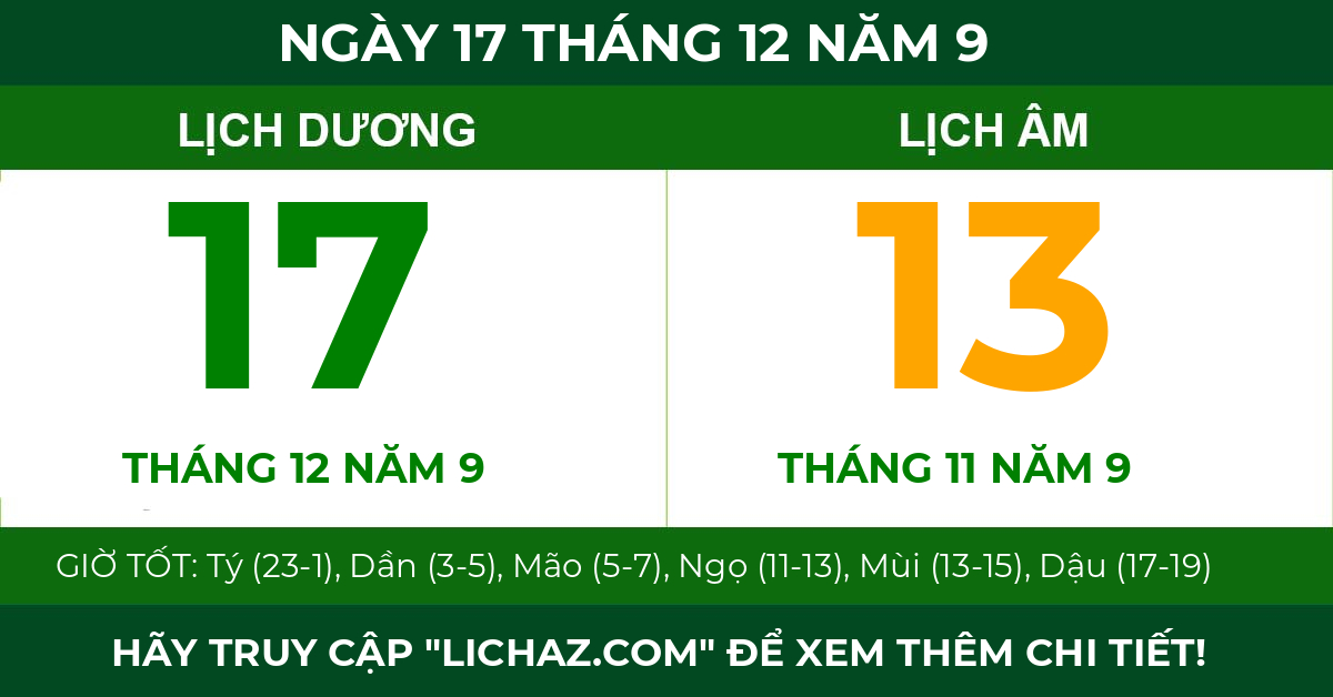 lịch âm ngày 17 tháng 12 năm 9