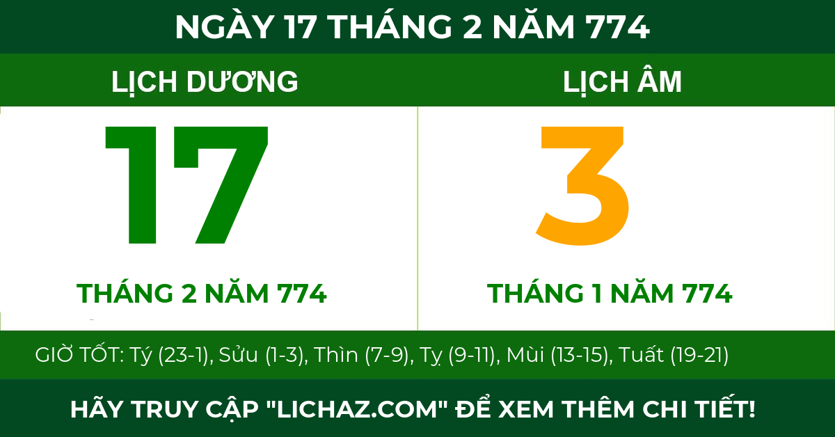 lịch âm ngày 17 tháng 2 năm 774