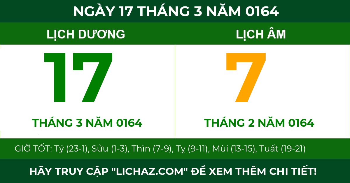 lịch âm ngày 17 tháng 3 năm 0164