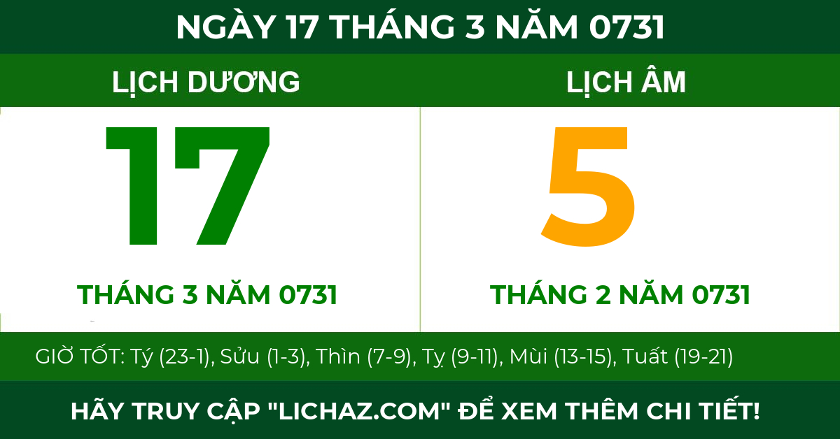 lịch âm ngày 17 tháng 3 năm 0731