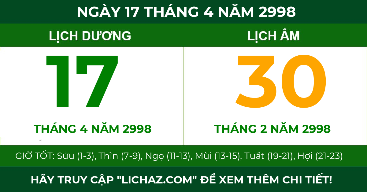 lịch âm ngày 17 tháng 4 năm 2998