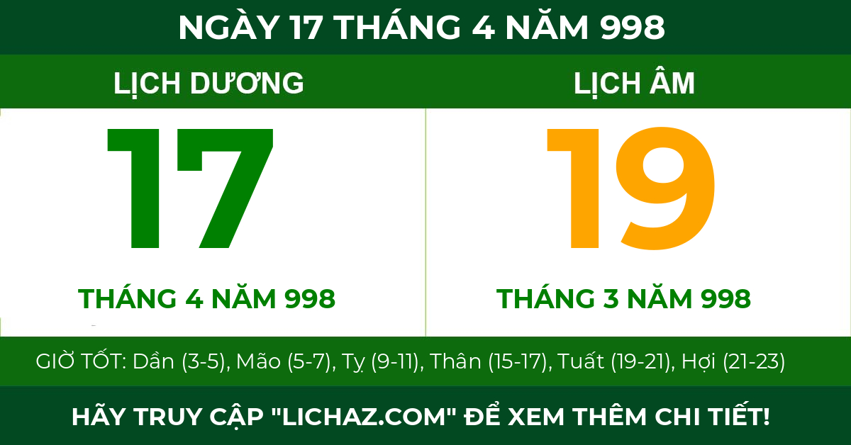 lịch âm ngày 17 tháng 4 năm 998