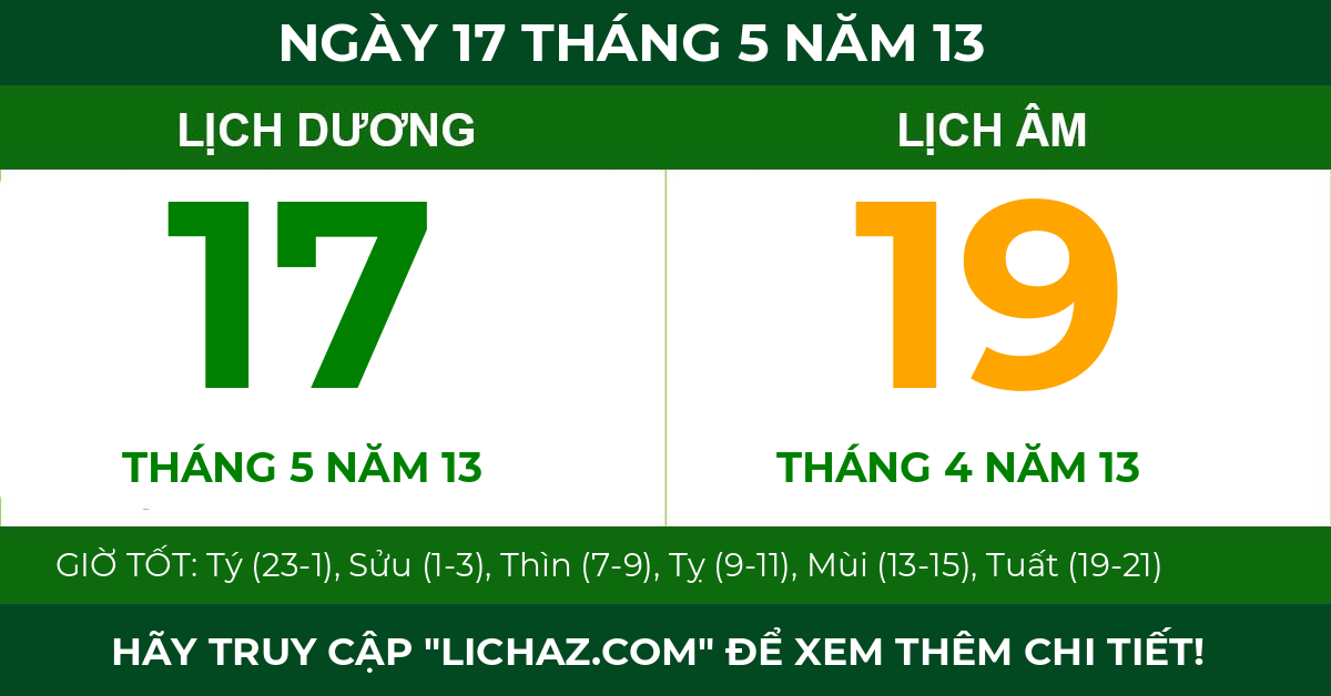 lịch âm ngày 17 tháng 5 năm 13