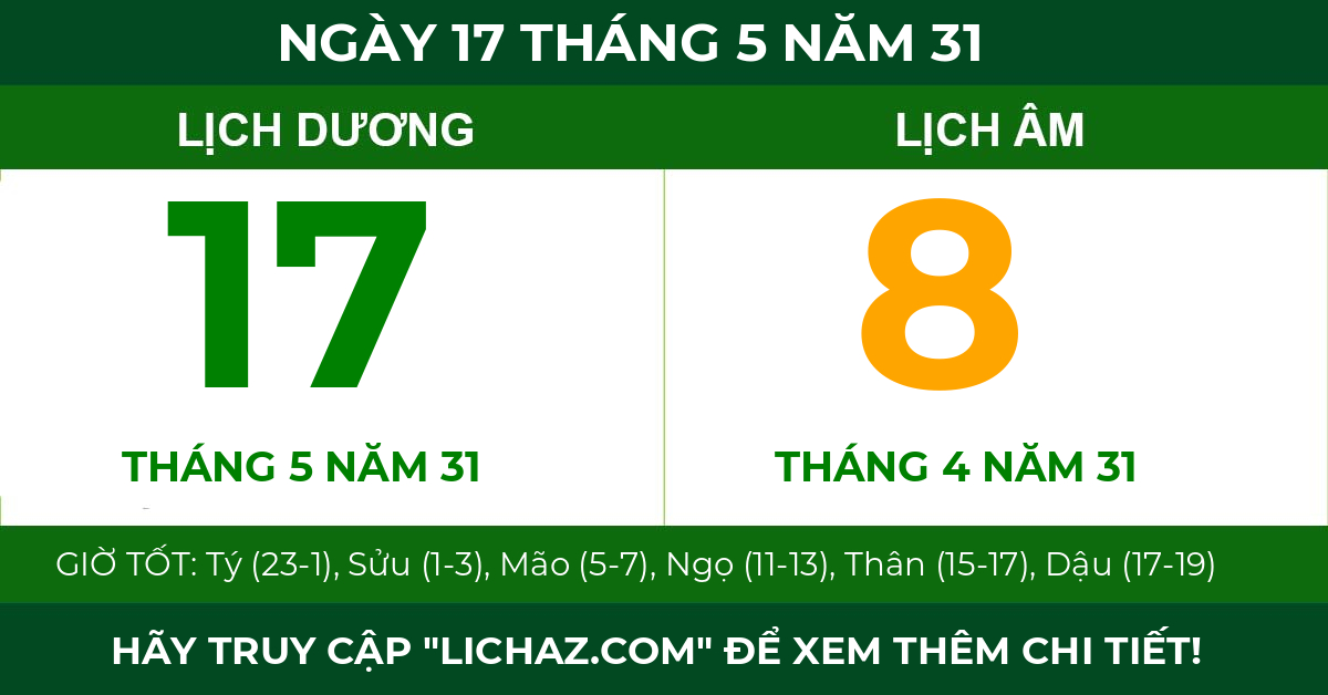 lịch âm ngày 17 tháng 5 năm 31