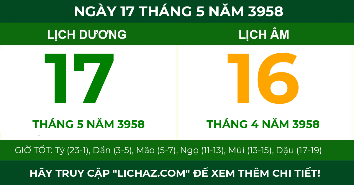 lịch âm ngày 17 tháng 5 năm 3958