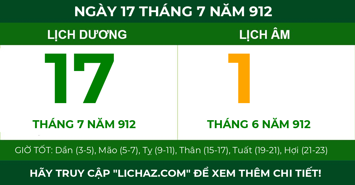 lịch âm ngày 17 tháng 7 năm 912