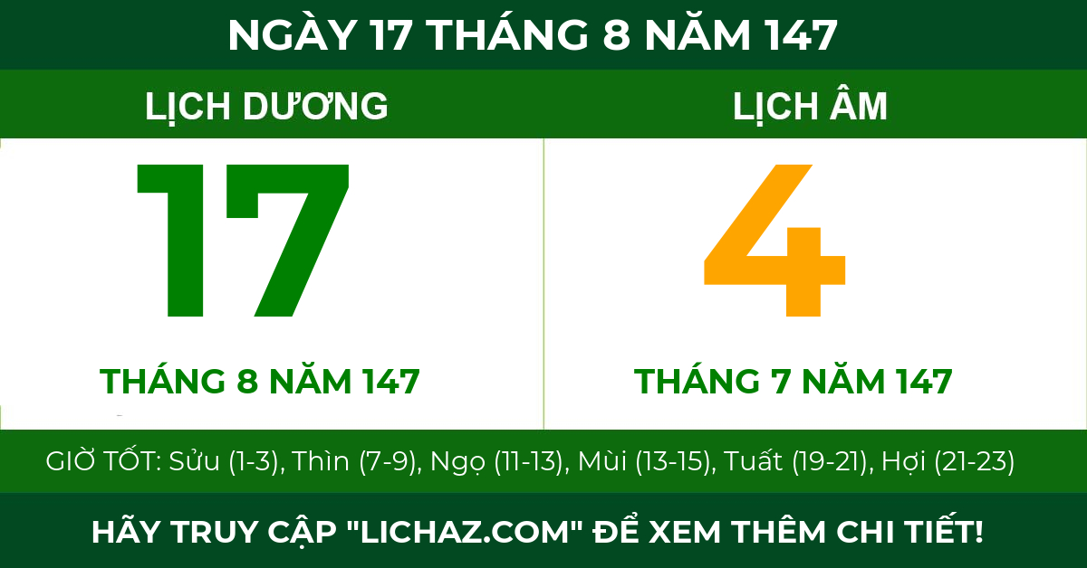 lịch âm ngày 17 tháng 8 năm 147
