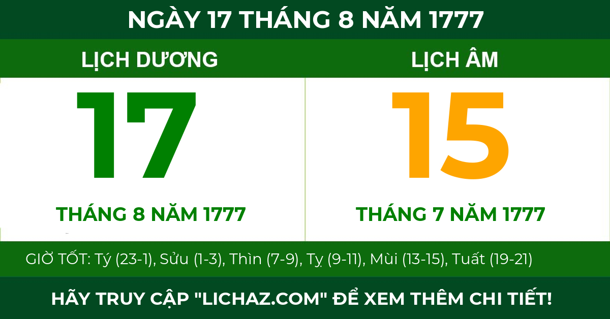 lịch âm ngày 17 tháng 8 năm 1777