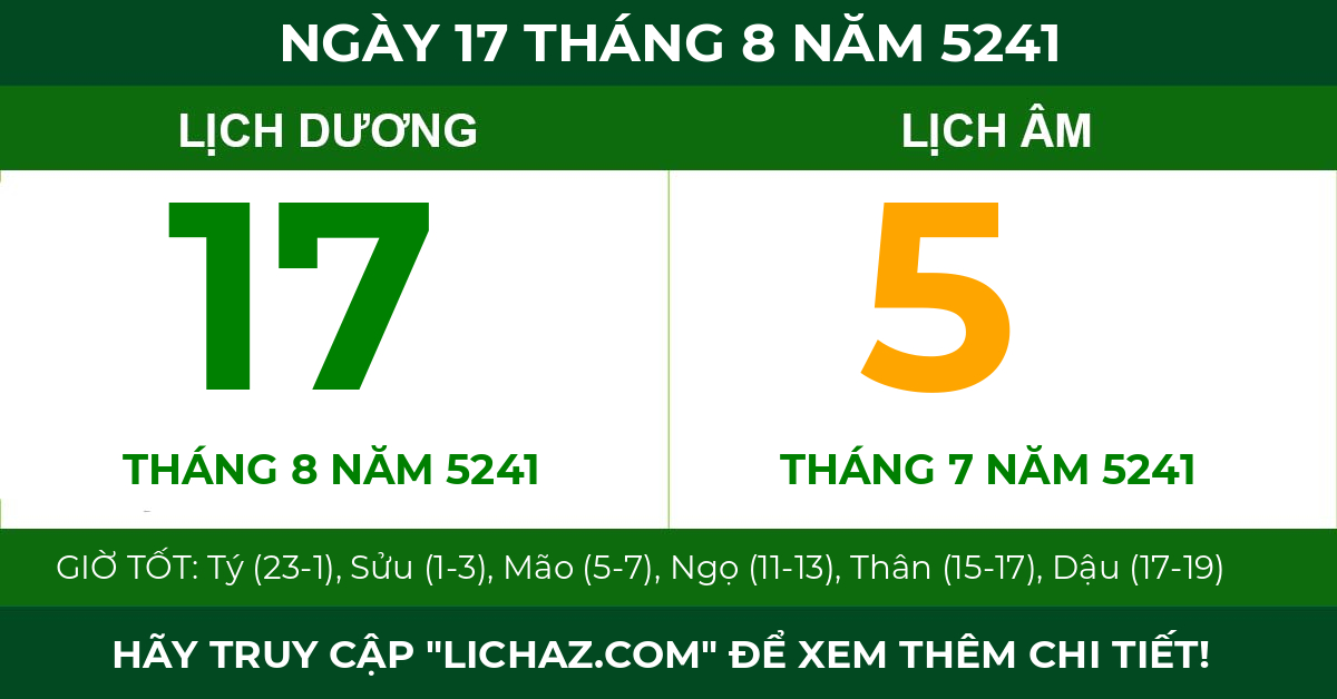 lịch âm ngày 17 tháng 8 năm 5241