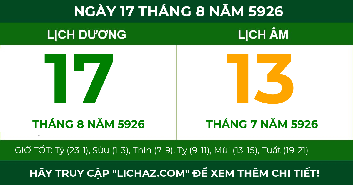 lịch âm ngày 17 tháng 8 năm 5926