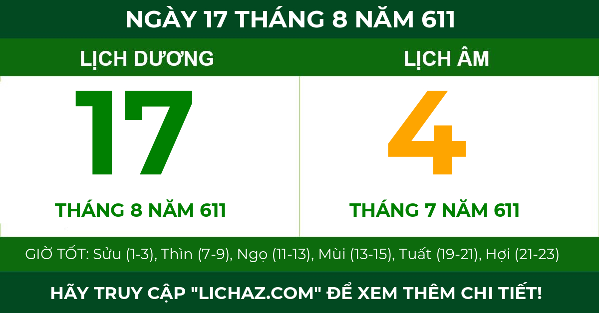 lịch âm ngày 17 tháng 8 năm 611