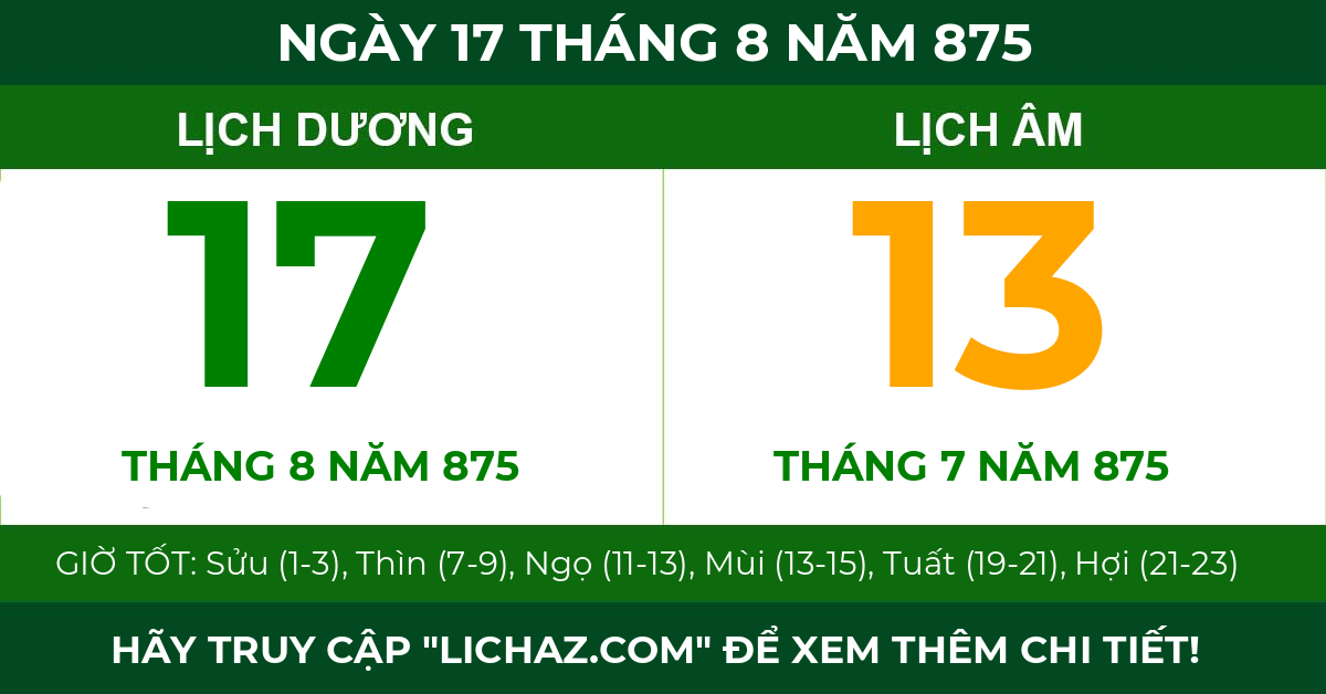 lịch âm ngày 17 tháng 8 năm 875