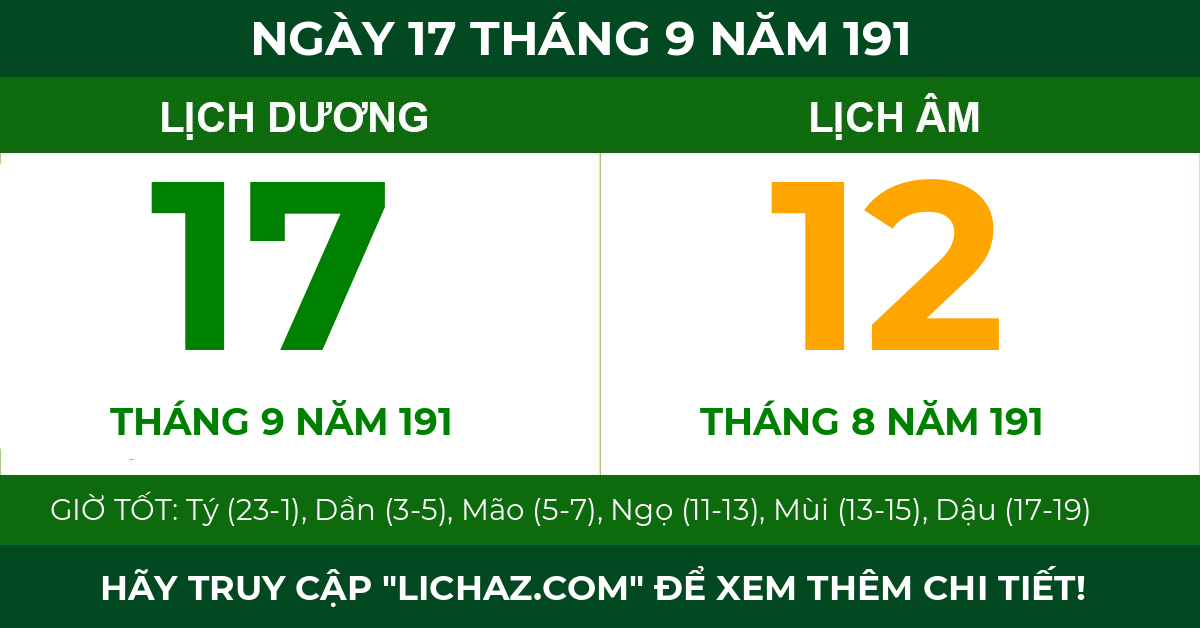 lịch âm ngày 17 tháng 9 năm 191