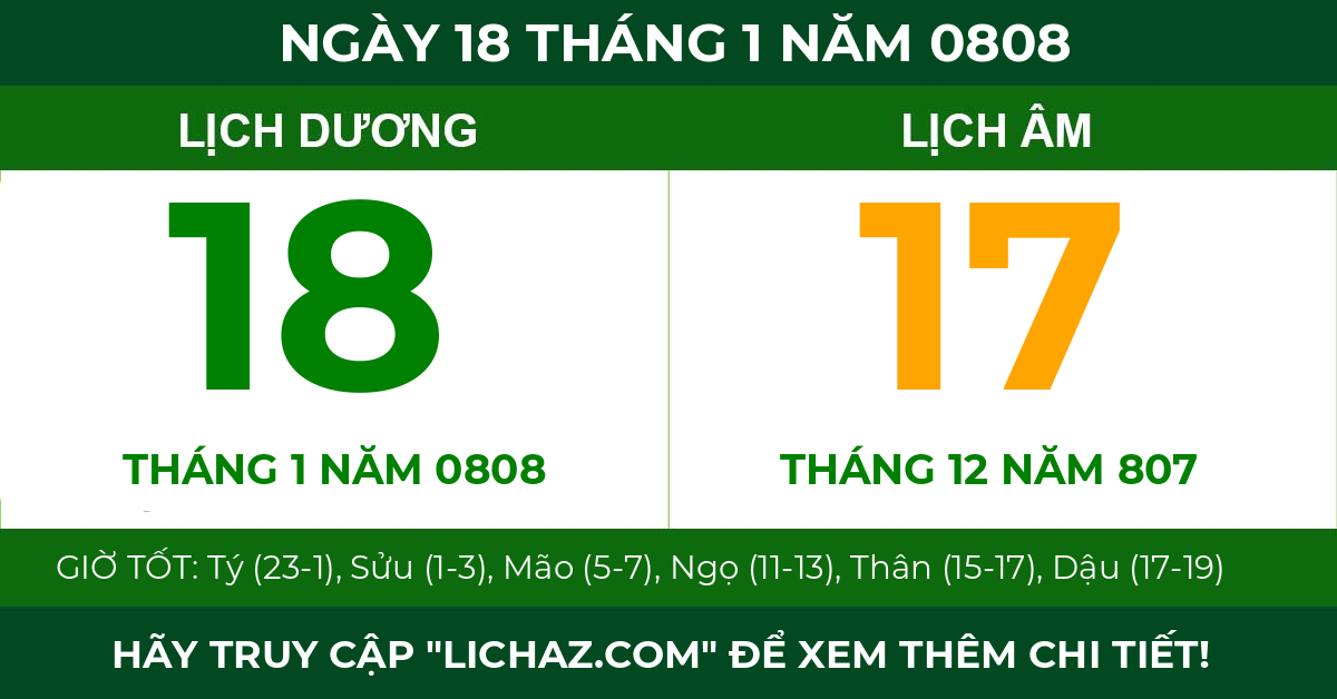 lịch âm ngày 18 tháng 1 năm 0808