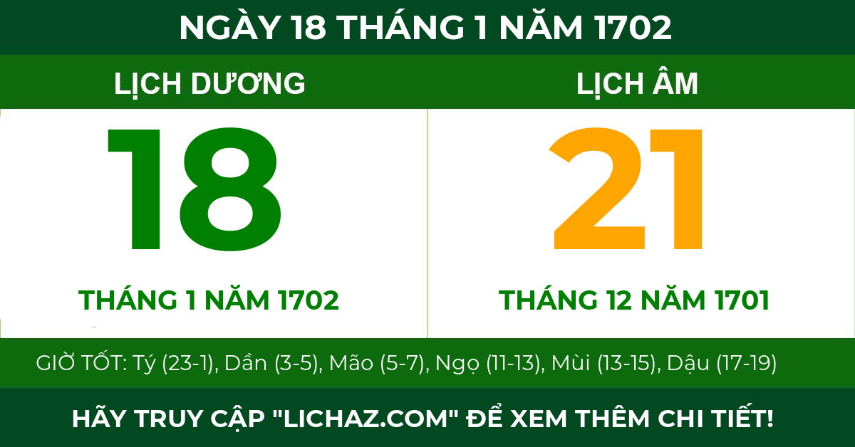 lịch âm ngày 18 tháng 1 năm 1702