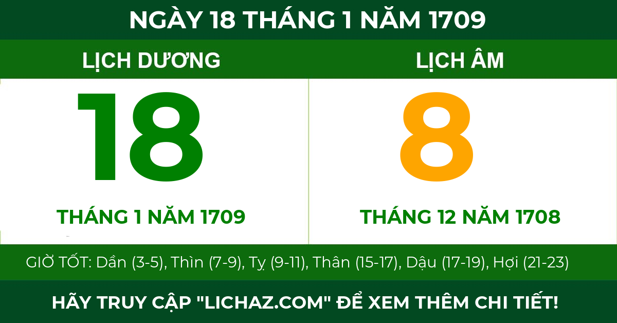 lịch âm ngày 18 tháng 1 năm 1709